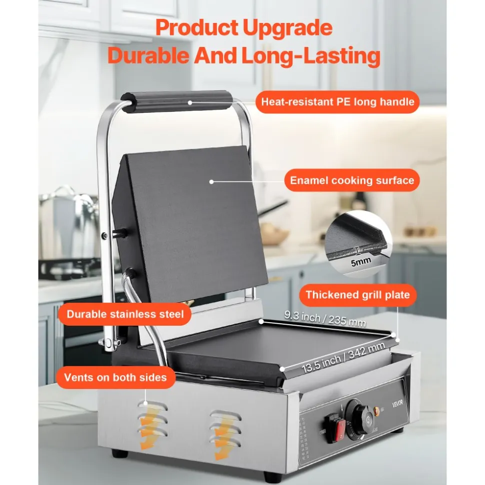VEVOR Commercial Panini Grill, 1800W Electric Sandwich Panini Maker, Stainless Steel Sandwichs Press Grill with Handle and Temp Control, 13.5x9.3 in Full Flat Enamel Plate, for Hamburger Steak Bacon
