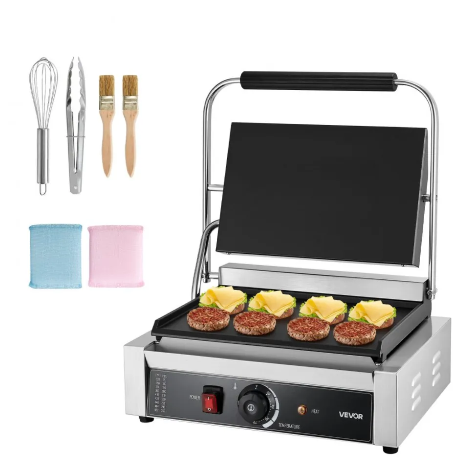 VEVOR Commercial Panini Grill, 1800W Electric Sandwich Panini Maker, Stainless Steel Sandwichs Press Grill with Handle and Temp Control, 13.5x9.3 in Full Flat Enamel Plate, for Hamburger Steak Bacon