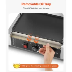 VEVOR Commercial Panini Grill, 1800W Electric Sandwich Panini Maker, Stainless Steel Sandwichs Press Grill with Handle and Temp Control, 13.5x9.3 in Full Flat Enamel Plate, for Hamburger Steak Bacon