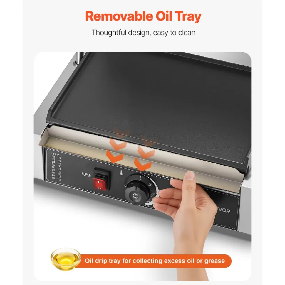 VEVOR Commercial Panini Grill, 1800W Electric Sandwich Panini Maker, Stainless Steel Sandwichs Press Grill with Handle and Temp Control, 13.5x9.3 in Full Flat Enamel Plate, for Hamburger Steak Bacon