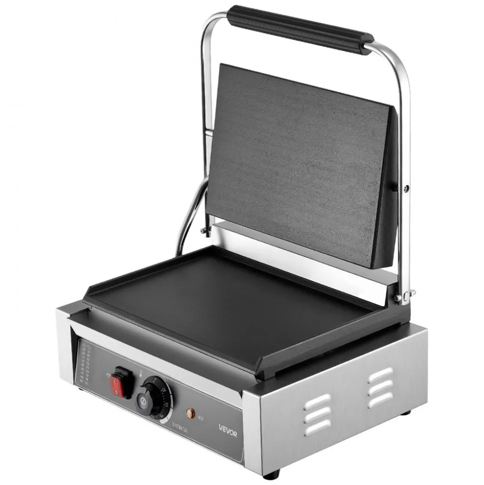 VEVOR Commercial Panini Grill, 1800W Electric Sandwich Panini Maker, Stainless Steel Sandwichs Press Grill with Handle and Temp Control, 13.5x9.3 in Full Flat Enamel Plate, for Hamburger Steak Bacon