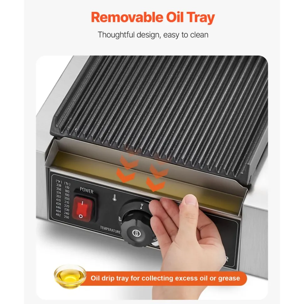 VEVOR Commercial Panini Grill, 1800W Electric Sandwich Panini Maker, Stainless Steel Sandwichs Press Grill with Handle and Temp Control, 8.8x9 in Full Grooved Enamel Plate for Hamburger Steak Bacon