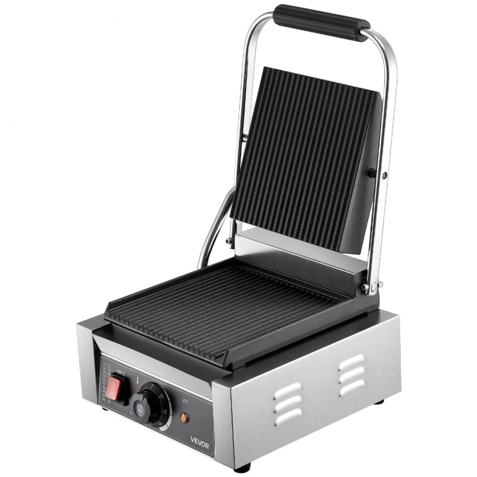 VEVOR Commercial Panini Grill, 1800W Electric Sandwich Panini Maker, Stainless Steel Sandwichs Press Grill with Handle and Temp Control, 8.8x9 in Full Grooved Enamel Plate for Hamburger Steak Bacon