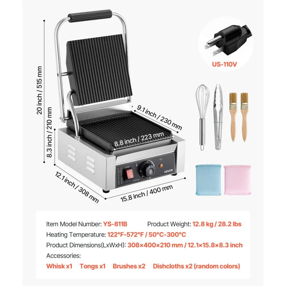 VEVOR Commercial Panini Grill, 1800W Electric Sandwich Panini Maker, Stainless Steel Sandwichs Press Grill with Handle and Temp Control, 8.8x9 in Full Grooved Enamel Plate for Hamburger Steak Bacon