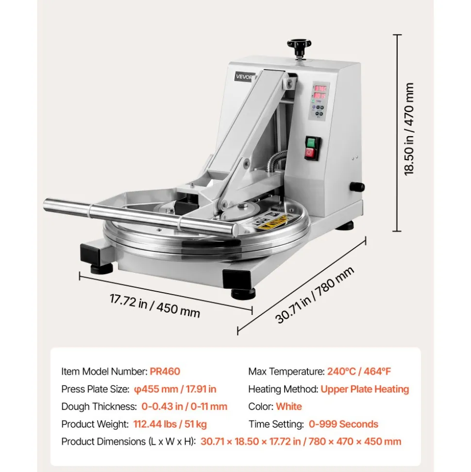 VEVOR Commercial Pizza Dough Press Machine 18 in Electric Dough Sheeter, Ideal for Bakery Home Restaurant Use, 1200W Cast Aluminum Pastry Press Plate, Adjustable Thickness Bread Forming Presser