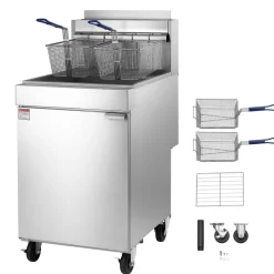 VEVOR Commercial Propane Deep Fryer 150,000 BTU with 2 Baskets, 5-Tube Burner Fryer, Stainless Steel Floor Standing Deep Fryers Cart, 80 lbs Capacity for Restaurants