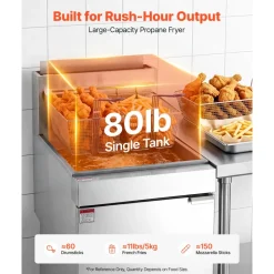 VEVOR Commercial Propane Deep Fryer 150,000 BTU with 2 Baskets, 5-Tube Burner Fryer, Stainless Steel Floor Standing Deep Fryers Cart, 80 lbs Capacity for Restaurants