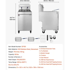 VEVOR Commercial Propane Deep Fryer 150,000 BTU with 2 Baskets, 5-Tube Burner Fryer, Stainless Steel Floor Standing Deep Fryers Cart, 80 lbs Capacity for Restaurants