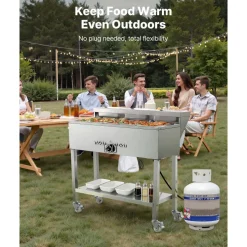 VEVOR Commercial Propane Steam Table, 5 Food Pans & 3 Condiment Pans, LP Gas Outdoor Soup Warmer with Drain Valve and 3" Wheels, Stainless Steel Propane Food Warmer with Adjustable Temp for Outdoor