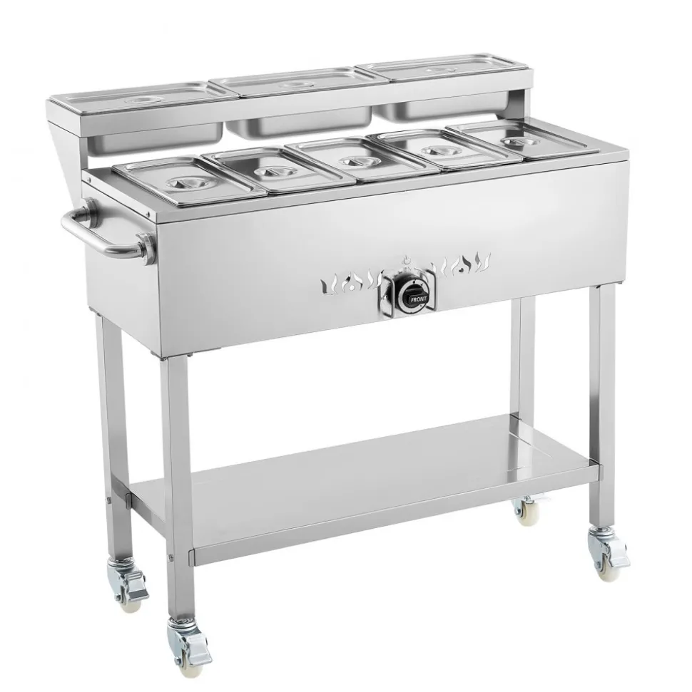 VEVOR Commercial Propane Steam Table, 5 Food Pans & 3 Condiment Pans, LP Gas Outdoor Soup Warmer with Drain Valve and 3" Wheels, Stainless Steel Propane Food Warmer with Adjustable Temp for Outdoor