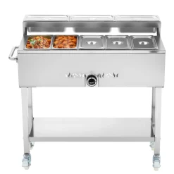 VEVOR Commercial Propane Steam Table, 5 Food Pans & 3 Condiment Pans, LP Gas Outdoor Soup Warmer with Drain Valve and 3
