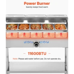 VEVOR Commercial Propane Steam Table, 5 Food Pans & 3 Condiment Pans, LP Gas Outdoor Soup Warmer with Drain Valve and 3