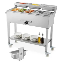 VEVOR Commercial Propane Steam Table, 5 Food Pans & 3 Condiment Pans, LP Gas Outdoor Soup Warmer with Drain Valve and 3
