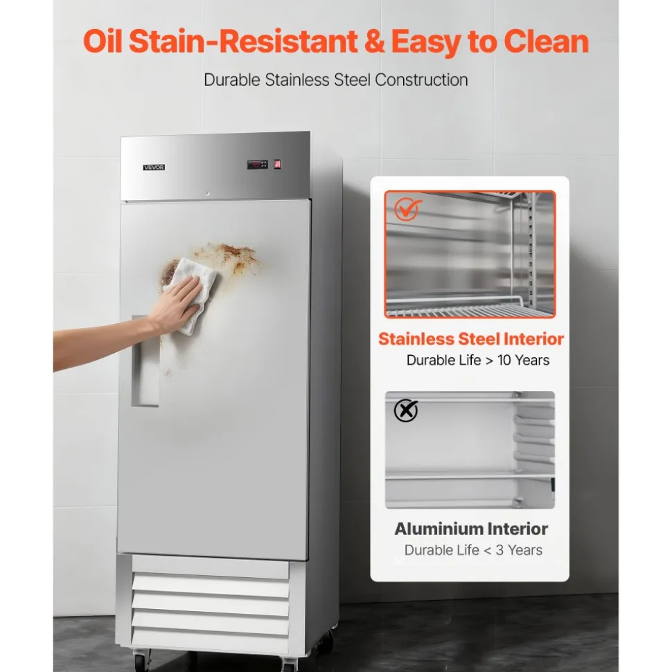 VEVOR Commercial Reach-In Freezer 29" W, 22 Cu.Ft Stainless Steel Upright Freezer with Single Door, Auto-Defrost, 4 Adjustable Shelves, -11 to 14℉ Temp Control, LED Light, ETL Certified