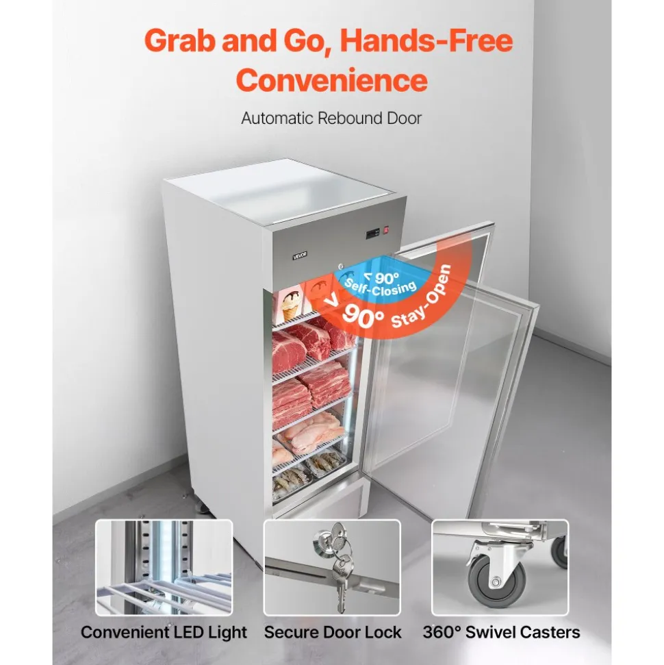 VEVOR Commercial Reach-In Freezer 29" W, 22 Cu.Ft Stainless Steel Upright Freezer with Single Door, Auto-Defrost, 4 Adjustable Shelves, -11 to 14℉ Temp Control, LED Light, ETL Certified