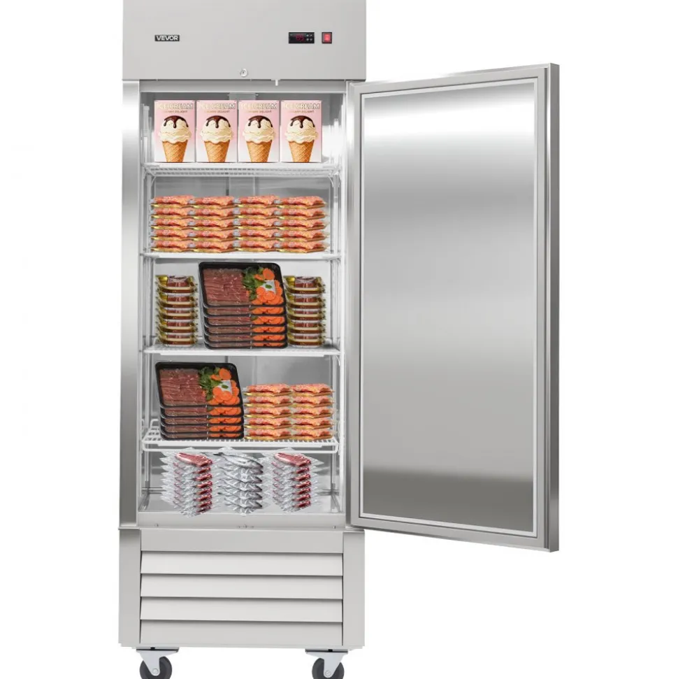 VEVOR Commercial Reach-In Freezer 29" W, 22 Cu.Ft Stainless Steel Upright Freezer with Single Door, Auto-Defrost, 4 Adjustable Shelves, -11 to 14℉ Temp Control, LED Light, ETL Certified