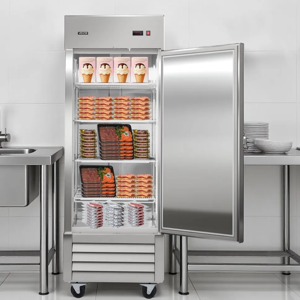 VEVOR Commercial Reach-In Freezer 29" W, 22 Cu.Ft Stainless Steel Upright Freezer with Single Door, Auto-Defrost, 4 Adjustable Shelves, -11 to 14℉ Temp Control, LED Light, ETL Certified