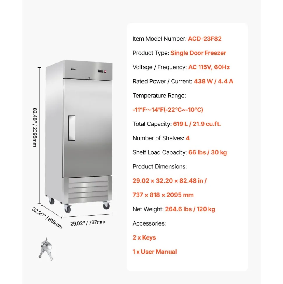 VEVOR Commercial Reach-In Freezer 29" W, 22 Cu.Ft Stainless Steel Upright Freezer with Single Door, Auto-Defrost, 4 Adjustable Shelves, -11 to 14℉ Temp Control, LED Light, ETL Certified