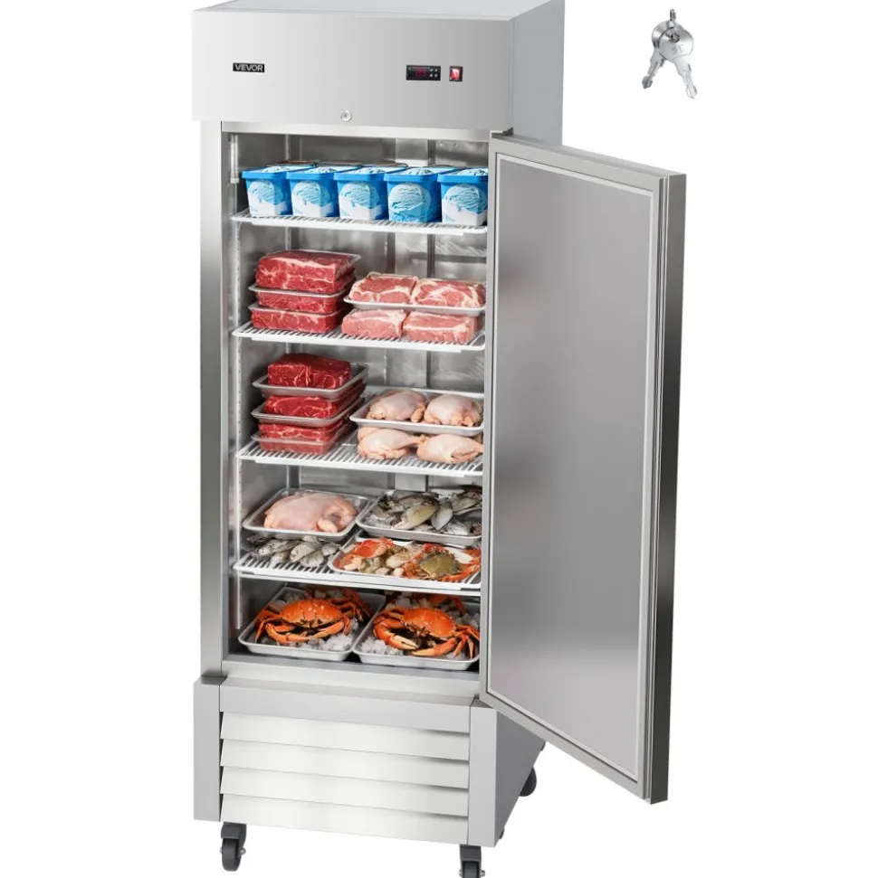 VEVOR Commercial Reach-In Freezer 29" W, 22 Cu.Ft Stainless Steel Upright Freezer with Single Door, Auto-Defrost, 4 Adjustable Shelves, -11 to 14℉ Temp Control, LED Light, ETL Certified