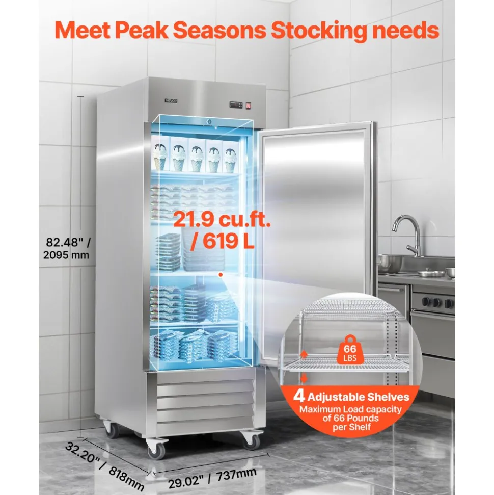 VEVOR Commercial Reach-In Freezer 29" W, 22 Cu.Ft Stainless Steel Upright Freezer with Single Door, Auto-Defrost, 4 Adjustable Shelves, -11 to 14℉ Temp Control, LED Light, ETL Certified