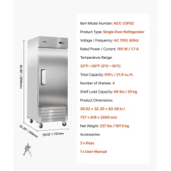 VEVOR Commercial Reach-In Refrigerator 29" W, 22 Cu.Ft Stainless Steel Upright Refrigerator with Single Door, Auto-Defrost, 4 Adjustable Shelves, 32 to 50℉ Temperature Control, ETL Certified