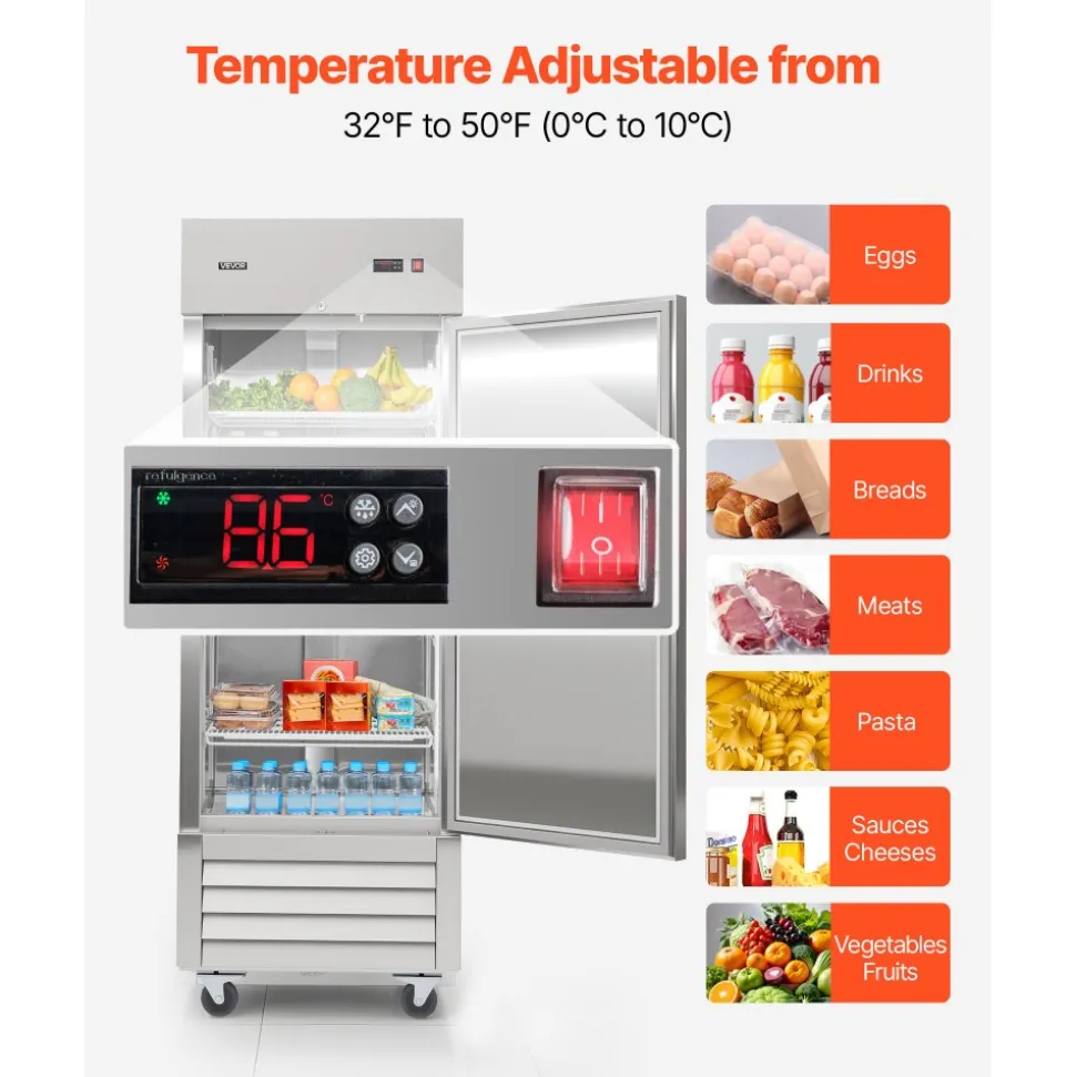 VEVOR Commercial Reach-In Refrigerator 29" W, 22 Cu.Ft Stainless Steel Upright Refrigerator with Single Door, Auto-Defrost, 4 Adjustable Shelves, 32 to 50℉ Temperature Control, ETL Certified