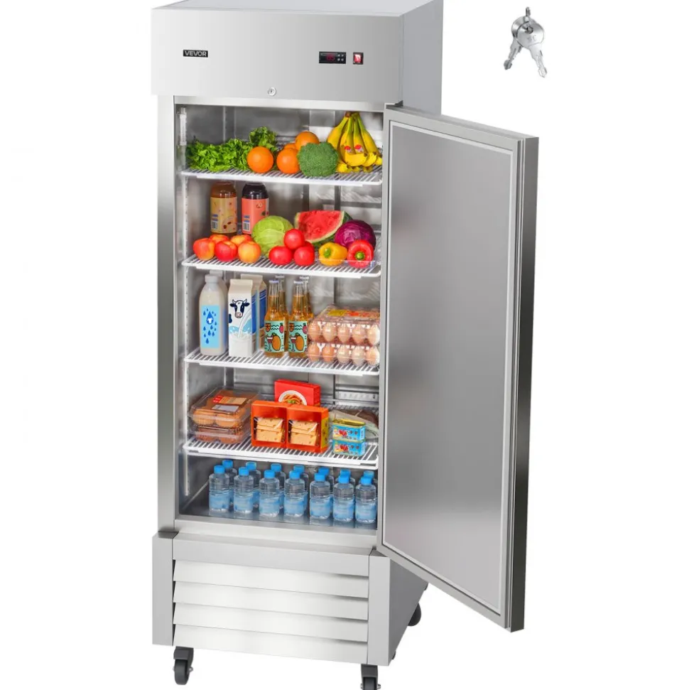 VEVOR Commercial Reach-In Refrigerator 29" W, 22 Cu.Ft Stainless Steel Upright Refrigerator with Single Door, Auto-Defrost, 4 Adjustable Shelves, 32 to 50℉ Temperature Control, ETL Certified