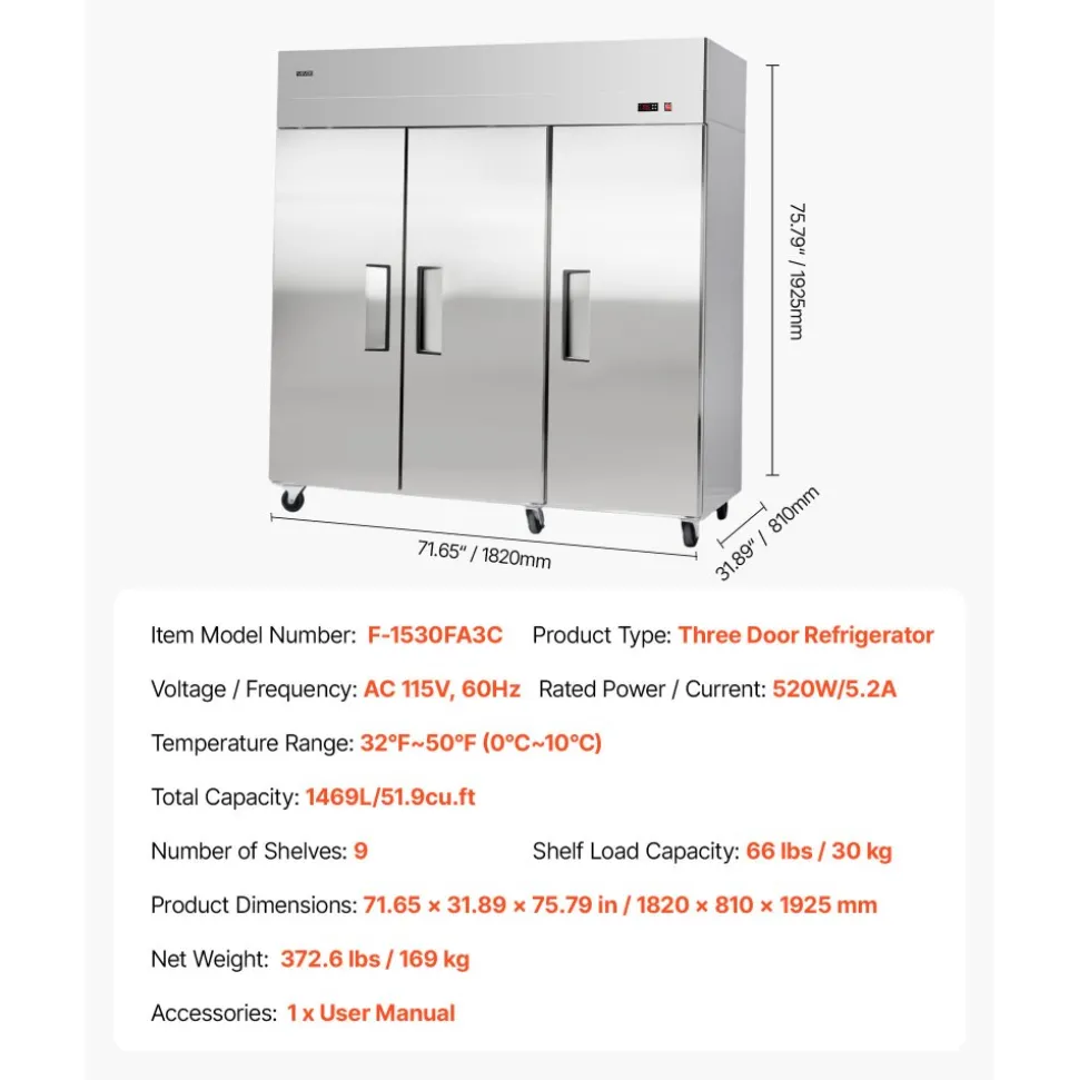 VEVOR Commercial Reach-In Refrigerator 72" W, 52 Cu.Ft Stainless Steel Upright Refrigerator with Three Doors, Auto-Defrost, 9 Adjustable Shelves, 32 to 50℉ Temp Control, UL Certified