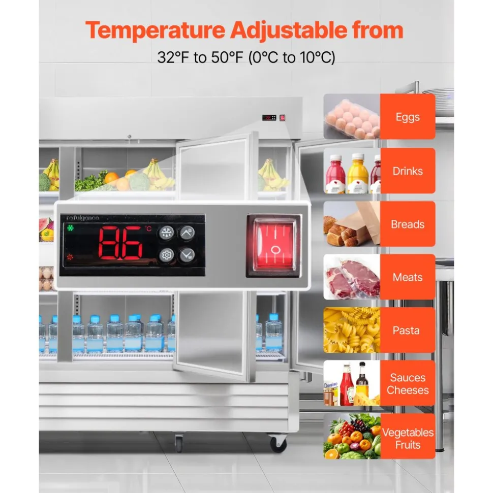 VEVOR Commercial Reach-In Refrigerator 85" W, 69 Cu.Ft Stainless Steel Upright Refrigerator with Three Doors, Auto-Defrost, 12 Adjustable Shelves, 32 to 50℉ Temp Control, ETL Certified