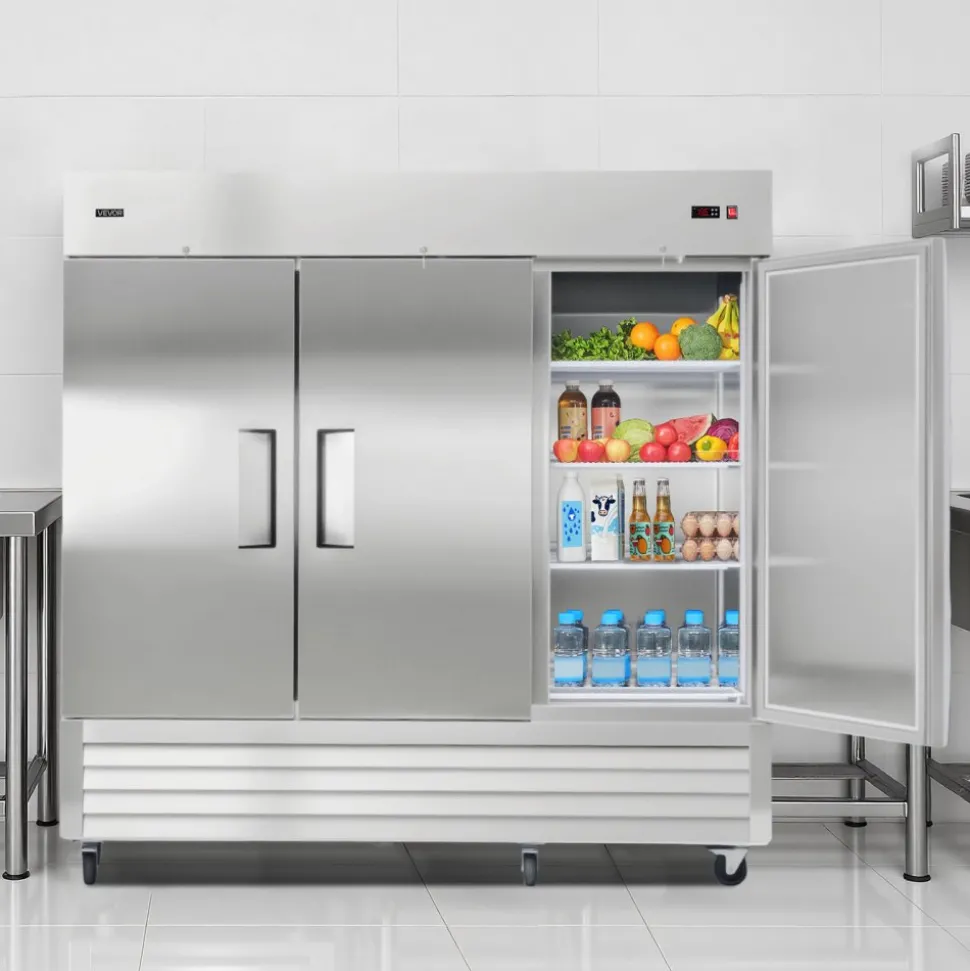 VEVOR Commercial Reach-In Refrigerator 85" W, 69 Cu.Ft Stainless Steel Upright Refrigerator with Three Doors, Auto-Defrost, 12 Adjustable Shelves, 32 to 50℉ Temp Control, ETL Certified