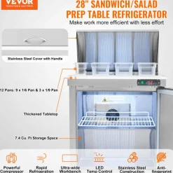 VEVOR 28" Commercial Refrigerator Sandwich & Salad Prep Table, 7.4 Cu. Ft Stainless Steel Refrigerated Food Prep Station with 12 Pans, Cut Board, Frost Free Refrigerator with Lock for Restaurant