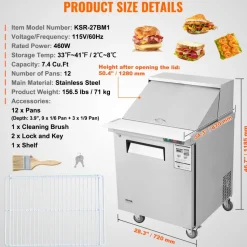 VEVOR 28" Commercial Refrigerator Sandwich & Salad Prep Table, 7.4 Cu. Ft Stainless Steel Refrigerated Food Prep Station with 12 Pans, Cut Board, Frost Free Refrigerator with Lock for Restaurant