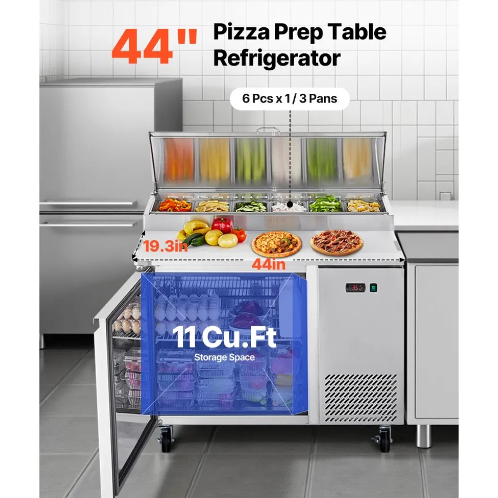 VEVOR Commercial Refrigerator, 44" W Pizza Prep Refrigerated Table, 20" Ultra Wide Countertop Food Prep Worktable, 11 Cu.Ft Single Door Salad Prep Fridge, 6 Pans Pizza Make Worktop with Cutting Board
