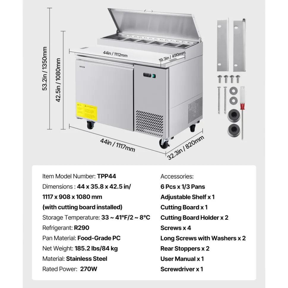 VEVOR Commercial Refrigerator, 44" W Pizza Prep Refrigerated Table, 20" Ultra Wide Countertop Food Prep Worktable, 11 Cu.Ft Single Door Salad Prep Fridge, 6 Pans Pizza Make Worktop with Cutting Board