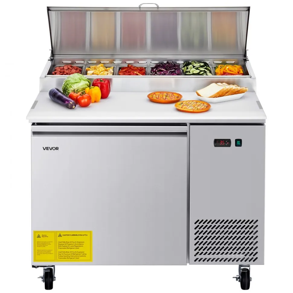VEVOR Commercial Refrigerator, 44" W Pizza Prep Refrigerated Table, 20" Ultra Wide Countertop Food Prep Worktable, 11 Cu.Ft Single Door Salad Prep Fridge, 6 Pans Pizza Make Worktop with Cutting Board