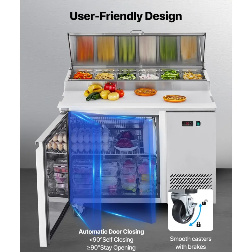 VEVOR Commercial Refrigerator, 44" W Pizza Prep Refrigerated Table, 20" Ultra Wide Countertop Food Prep Worktable, 11 Cu.Ft Single Door Salad Prep Fridge, 6 Pans Pizza Make Worktop with Cutting Board