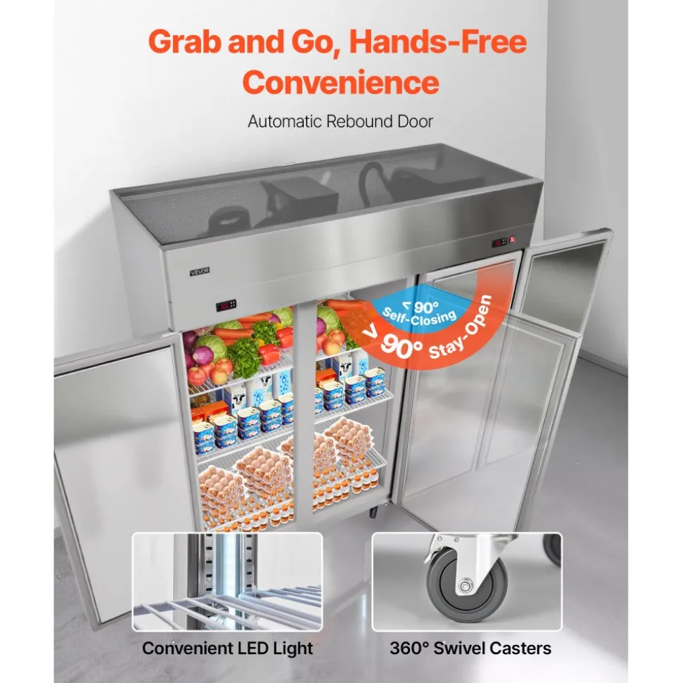 VEVOR Commercial Refrigerator and Freezer Combo, 31.89 in Width Reach In Upright-Freezer Double Door, 31.1 Cu.ft Auto-Defrost Stainless Steel Freezer with 8 Adjustable Shelves, LED Light, 4 Wheels