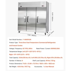 VEVOR Commercial Refrigerator and Freezer Combo 72"W, 51 Cu.Ft Stainless Steel Upright Freezer/Refrigerator with Three Doors, Auto-Defrost, 9 Adjustable Shelves, UL Certified