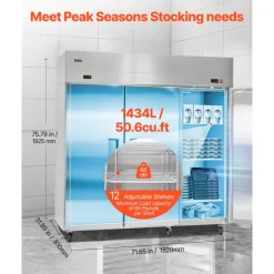 VEVOR Commercial Refrigerator and Freezer Combo, 31.89 in Width Reach In Upright-Freezer Double Door, 31.1 Cu.ft Auto-Defrost Stainless Steel Freezer with 8 Adjustable Shelves, LED Light, 4 Wheels