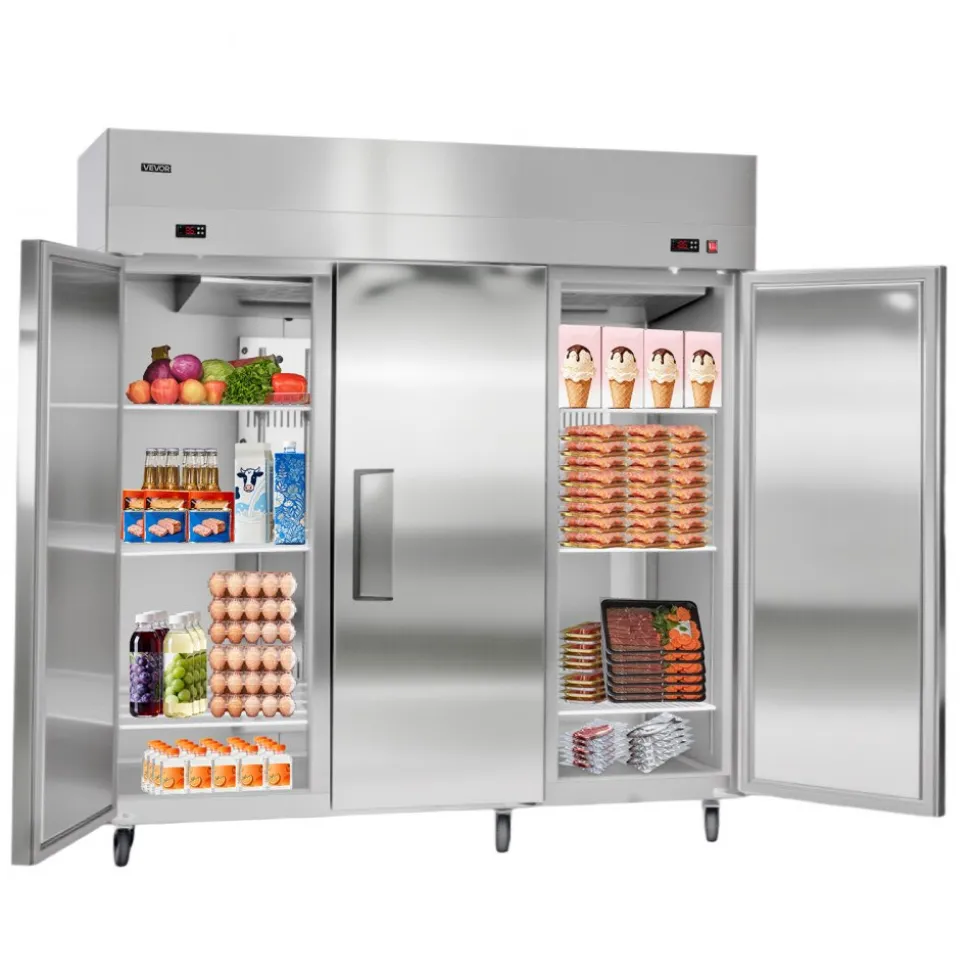 VEVOR Commercial Refrigerator and Freezer Combo, 31.89 in Width Reach In Upright-Freezer Double Door, 31.1 Cu.ft Auto-Defrost Stainless Steel Freezer with 8 Adjustable Shelves, LED Light, 4 Wheels