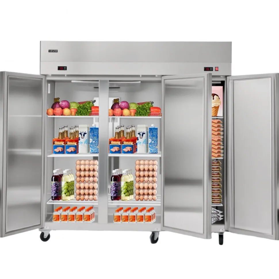 VEVOR Commercial Refrigerator and Freezer Combo, 31.89 in Width Reach In Upright-Freezer Double Door, 31.1 Cu.ft Auto-Defrost Stainless Steel Freezer with 8 Adjustable Shelves, LED Light, 4 Wheels