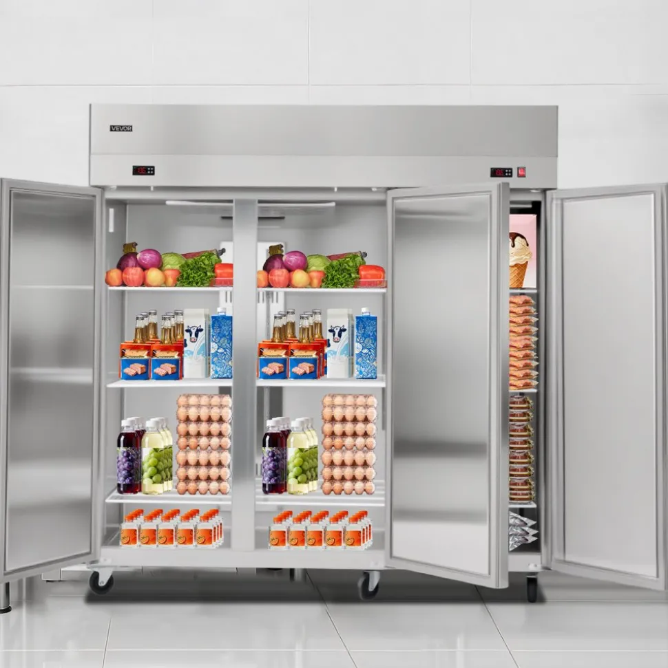 VEVOR Commercial Refrigerator and Freezer Combo, 31.89 in Width Reach In Upright-Freezer Double Door, 31.1 Cu.ft Auto-Defrost Stainless Steel Freezer with 8 Adjustable Shelves, LED Light, 4 Wheels