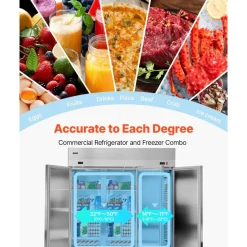 VEVOR Commercial Refrigerator and Freezer Combo, 31.89 in Width Reach In Upright-Freezer Double Door, 31.1 Cu.ft Auto-Defrost Stainless Steel Freezer with 8 Adjustable Shelves, LED Light, 4 Wheels