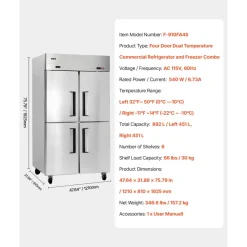 VEVOR Commercial Refrigerator, 32.2 in Width Reach In Upright Refrigeration Double Glass Door, 43.2 Cu.ft Auto-Defrost Stainless Steel Refrigerator with 8 Adjustable Shelves, 32 to 50℉ Temp Range