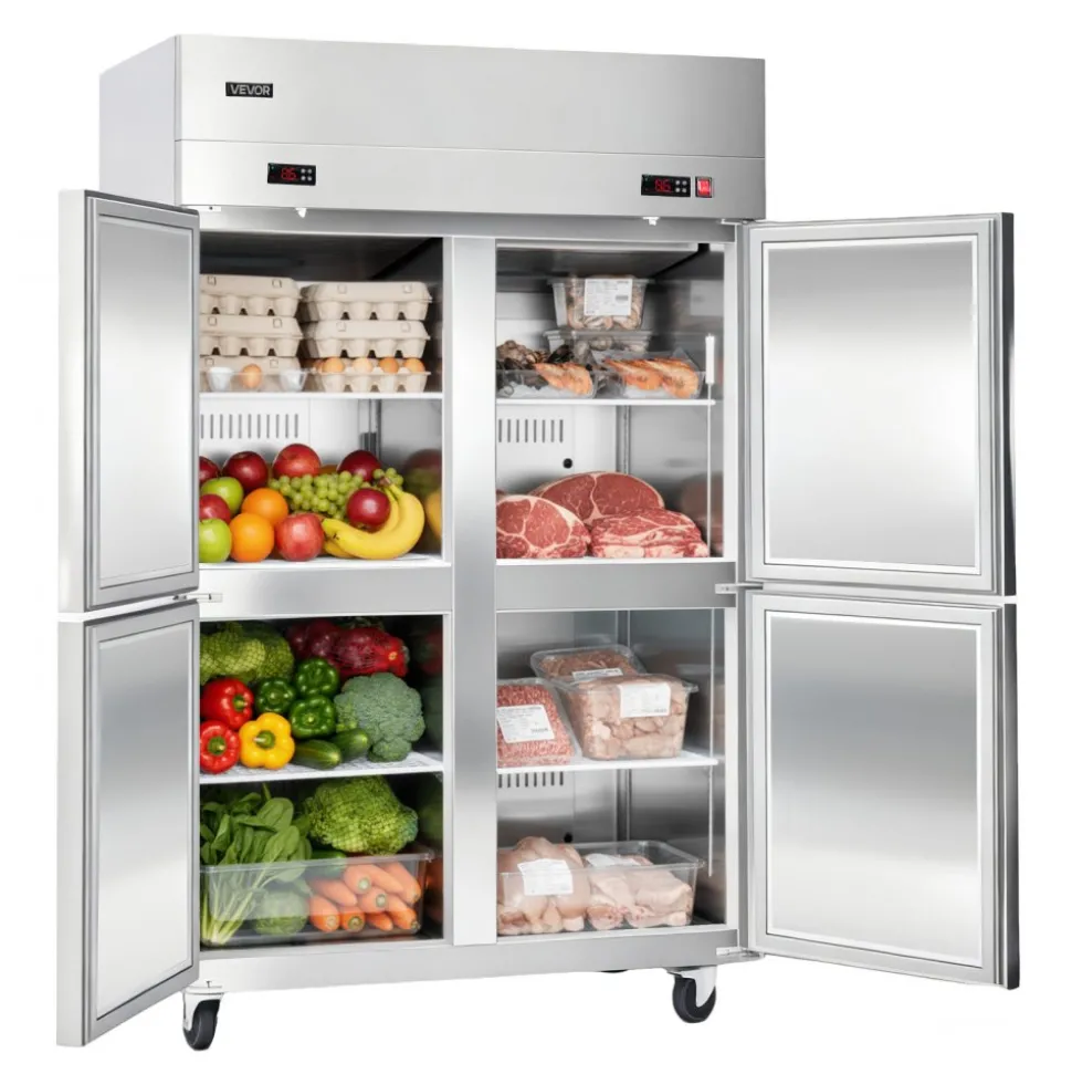VEVOR Commercial Refrigerator and Freezer Combo 48"W, 31 Cu.Ft Stainless Steel Upright Freezer/Refrigerator with 4 Doors, Auto-Defrost, 6 Adjustable Shelves, UL Certified