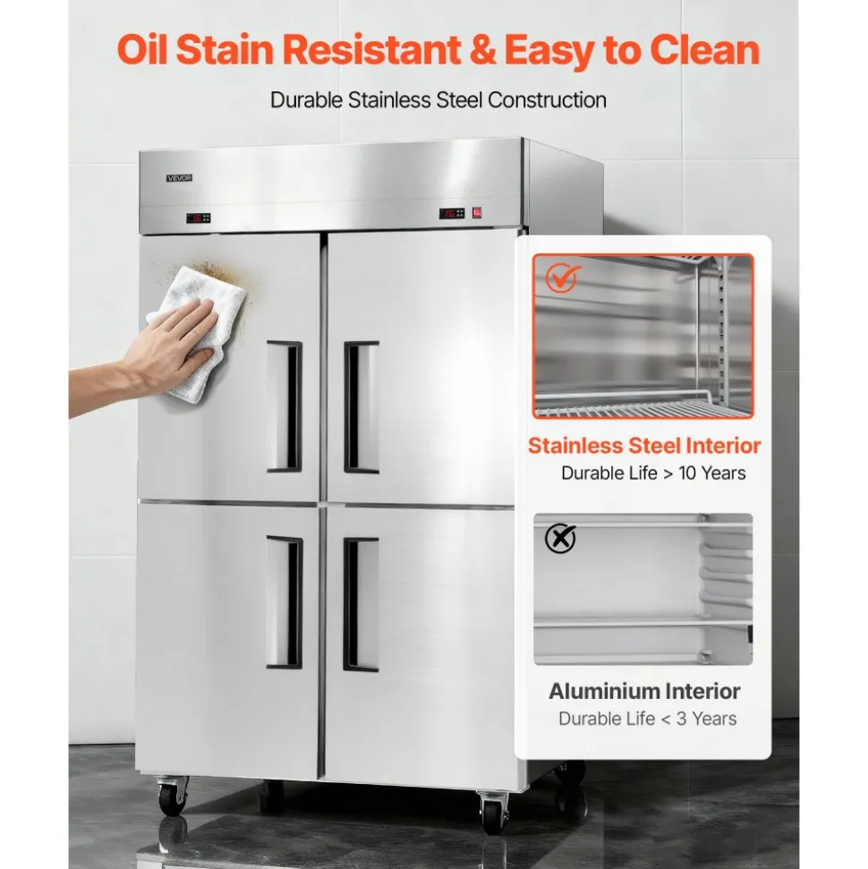 VEVOR Commercial Refrigerator and Freezer Combo 48"W, 31 Cu.Ft Stainless Steel Upright Freezer/Refrigerator with 4 Doors, Auto-Defrost, 6 Adjustable Shelves, UL Certified