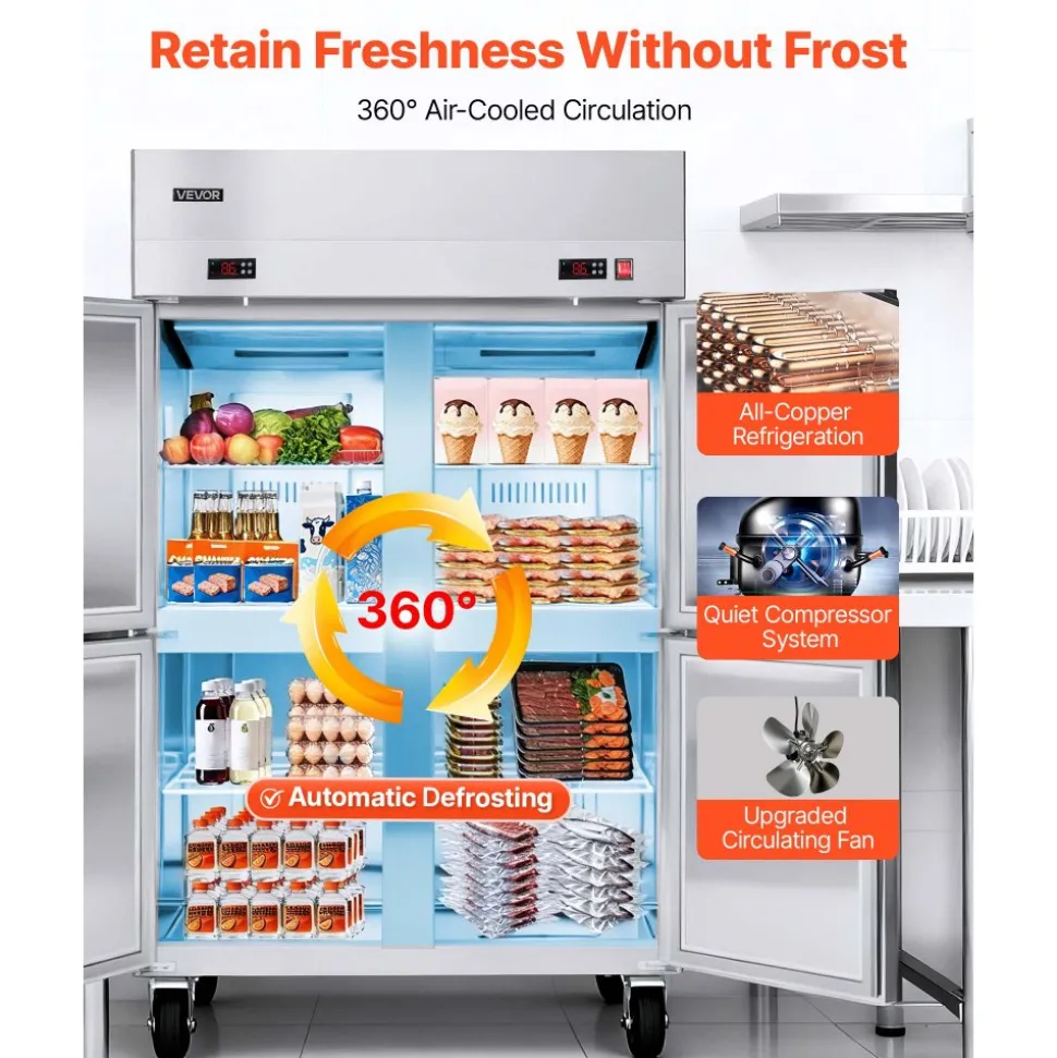 VEVOR Commercial Refrigerator and Freezer Combo 48"W, 31 Cu.Ft Stainless Steel Upright Freezer/Refrigerator with 4 Doors, Auto-Defrost, 6 Adjustable Shelves, UL Certified