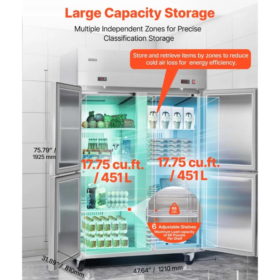 VEVOR Commercial Refrigerator and Freezer Combo 48"W, 31 Cu.Ft Stainless Steel Upright Freezer/Refrigerator with 4 Doors, Auto-Defrost, 6 Adjustable Shelves, UL Certified
