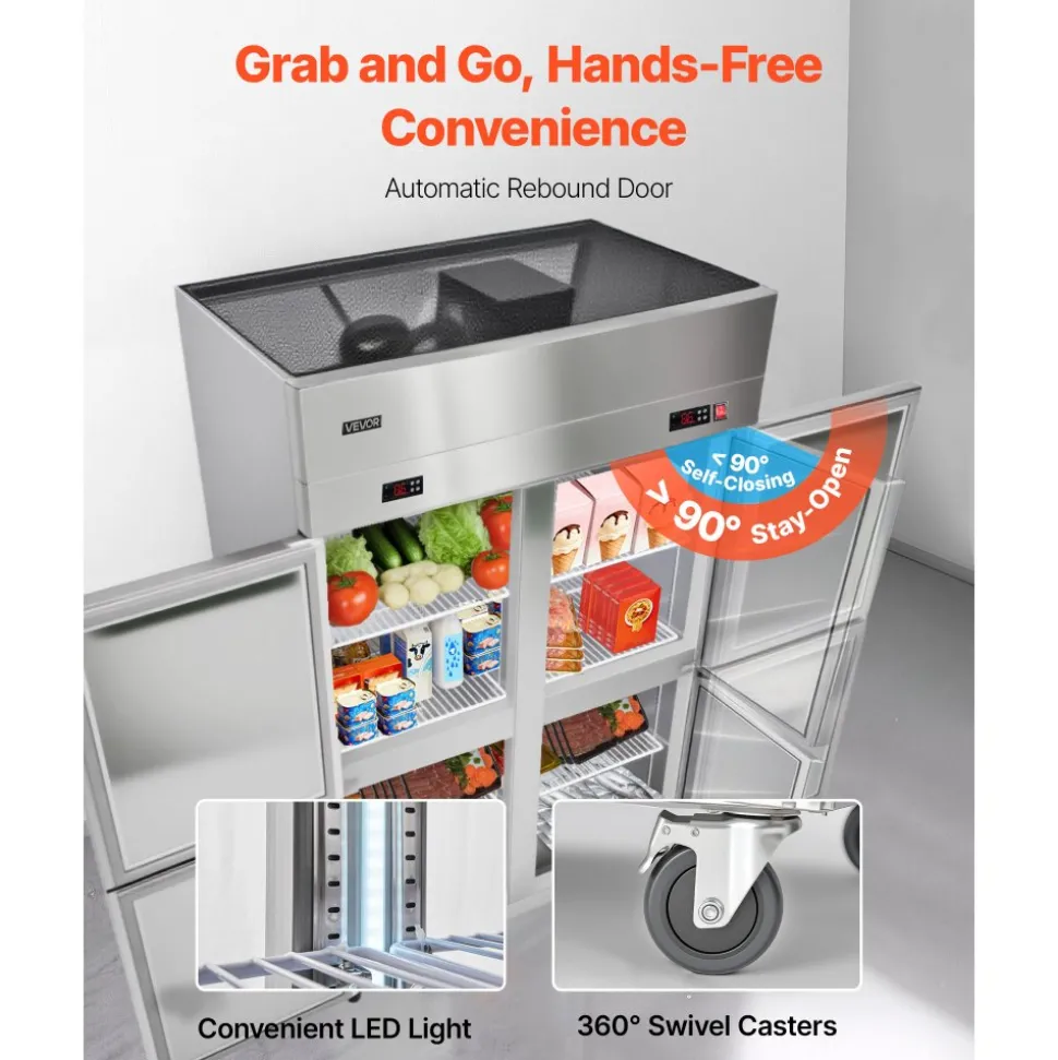 VEVOR Commercial Refrigerator and Freezer Combo 48"W, 31 Cu.Ft Stainless Steel Upright Freezer/Refrigerator with 4 Doors, Auto-Defrost, 6 Adjustable Shelves, UL Certified