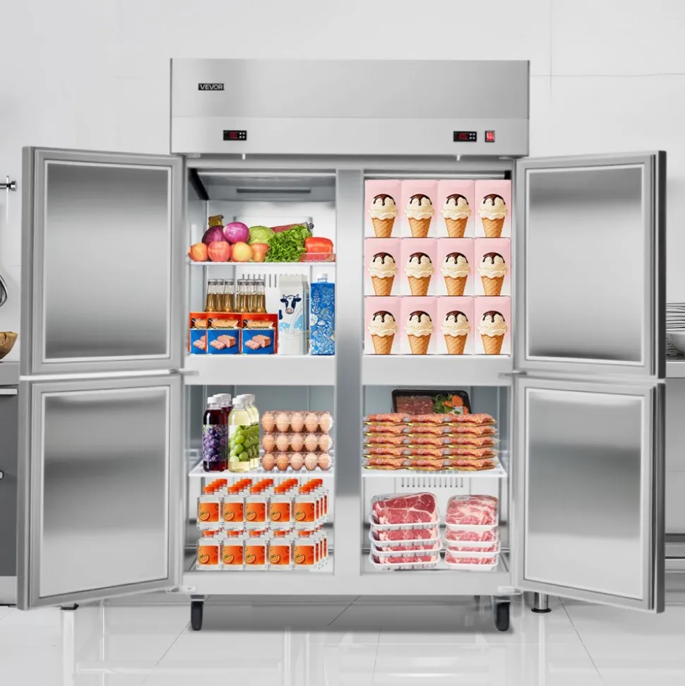 VEVOR Commercial Refrigerator and Freezer Combo 48"W, 31 Cu.Ft Stainless Steel Upright Freezer/Refrigerator with 4 Doors, Auto-Defrost, 6 Adjustable Shelves, UL Certified